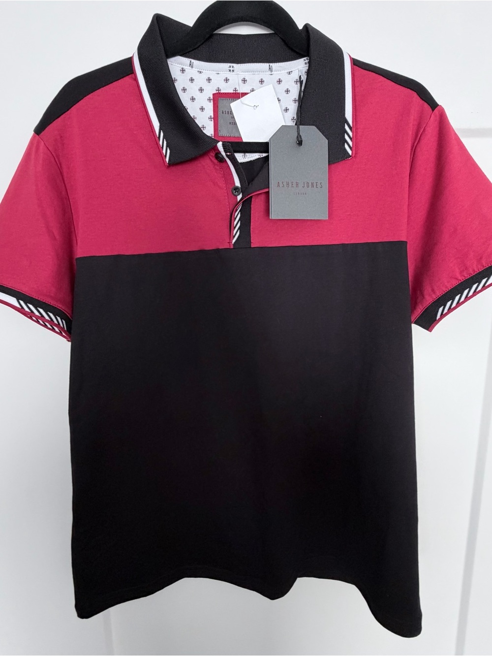 Men’s Raspberry and Black Colorblock Polo - Picture 2 of 3